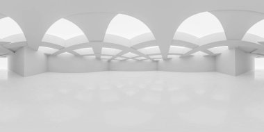 Beyaz duvarları olan soyut beyaz odanın 360 derecelik tam panorama ortamı haritası, taban açık tavan 3d görüntü hdri hdr vr biçimi