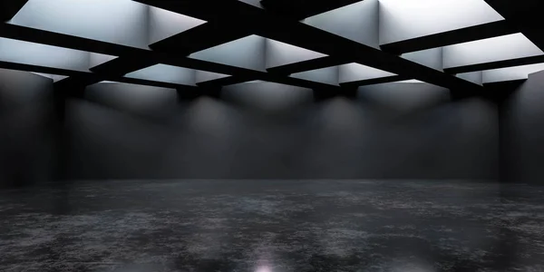 Αφηρημένη αρχιτεκτονική, άδειο σκοτεινό δωμάτιο από σκυρόδεμα εσωτερικό με άνοιγμα στην οροφή 3d καθιστούν εικονογράφηση — Φωτογραφία Αρχείου