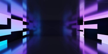 Parlayan pembe ve mavi ışık fütüristik karanlık stüdyo 3D resimli boş sahne