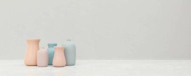 Pastel renkli vazo dekorasyon elementleriyle ev içi 3D resimleme