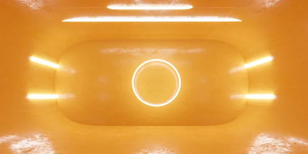 Pomarańczowy futurystyczny betonowy pokój studio z jasnym oświetleniem 3D renderowania ilustracja — Zdjęcie stockowe
