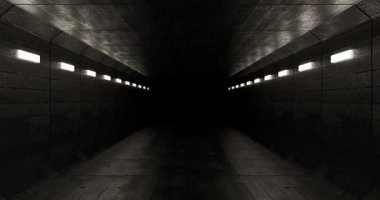Karanlık, endüstriyel tünelin duvarları aydınlatılmış ışıklarla dolu bir animasyonu..