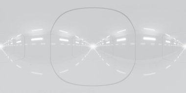 Parlak ışık ve pürüzsüz yüzeyleri olan minimalist, fütürist bir iç mekanın 360 vr manzarası derinlik ve perspektif hissi yaratıyor.