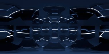 Parlak yüzeyleri ve aydınlık çizgileri olan fütüristik bir iç mekanın 360 vr panoraması derinlik ve modernlik hissi yaratıyor.