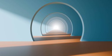 Dairesel kemerleri parlak bir ışığa çıkan, yumuşak gölgeler ve mavi ve turuncu tonların gradyanı olan sürreal bir tünel.