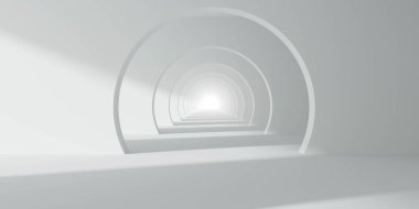 Yuvarlak kemerli minimalist bir tünel sonunda parlak bir ışık, yumuşak gölgeler ve temiz beyaz estetik