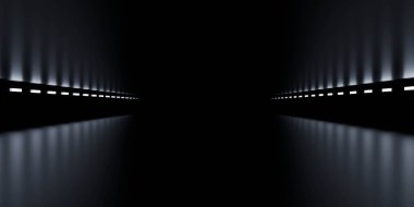 Duvarlar boyunca sönük ışıkları olan karanlık bir tünel, gizemli ve fütürist bir atmosfer yaratıyor.