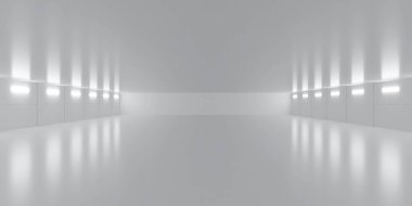 Pürüzsüz beyaz duvarları ve yansıtıcı zemini olan, yumuşak, hatta ışıklandırmayla aydınlatılmış minimalist, modern bir iç mekan.