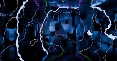 Soyut dijital sanatın karanlık geometrik arka planda neon yıldırımı ile döngü animasyonu.