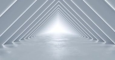 Beyaz bir koridorda parlayan üçgen çerçevelerin tekrarlanan soyut fütüristik tünel animasyonu, güçlü perspektif parlak ışıkta kayboluyor, minimal bilim kurgu 3d oluşturma arkaplanı.