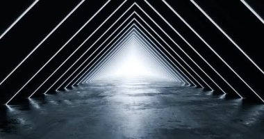 Parlak çerçeveli fütürist neon üçgen ışık tünelinin canlandırması, yansıtıcı ıslak zemin, parlak kaybolma noktasına güçlü perspektif, karanlık bilim kurgu koridoru, soyut arkaplan