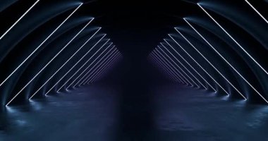 Parlak mavi neon üçgen çerçeve ile fütüristik karanlık tünelin tekrarlanan animasyonu simetrik bir koridor, yansıtıcı zemin, derinlik ve perspektif ile bilim kurgu soyut arkaplan.