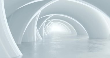 Soyut fütüristik beyaz tünelin tekrarlanan kıvrımlı kemer ve parlak zemin, yumuşak ışık ve kopyalama alanı ile en az 3D görüntüleme döngüsü.