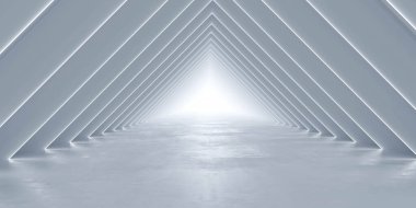 Aydınlatılmış üçgen çerçeveli fütüristik tünel parlak bir kaybolma noktasına yaklaşıyor parlak yansıtıcı zemin serin tek renkli palet