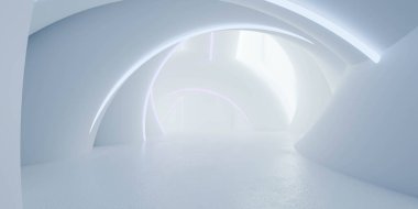 Pürüzsüz beyaz kavisli kemerleri ve yumuşak ortam aydınlatmasıyla parlak minimalist iç mekan, ince mor neon aksanlar, parlak zemin ve dağınık gün ışığı