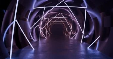 Kavisli metalik duvarları ve parlayan doğrusal ışık çubukları, mor ve mavi tonları, yansıtıcı zemin, bilim kurgu soyut mimari arka planı olan fütüristik neon ışıklı tünel koridorunun döngü animasyonu.