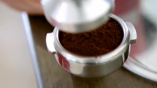 Barista makes coffee tablet press — Stock Video