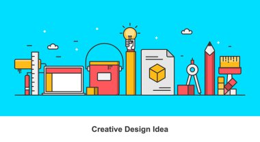Yaratıcılık ve fikir, yaratıcı tasarım süreci simgeler ve elemanları, düz hat kavramı vektör parlak mavi arka plan üzerinde izole afiş