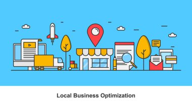 Yerel işletme optimizasyonu, pazarlama, üzerinde mavi arka plan izole vektör çizim için yerel liste en iyi duruma getirme kavramı