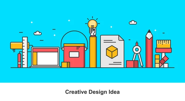 Koncepció, a kreativitás és a gondolat, a kreatív tervezési folyamat-val ikonok és elemek, lapos vonal vektor banner elszigetelt világos kék háttér — Stock Vector