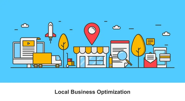 Concept d'optimisation des entreprises locales, optimisation de la liste locale pour le marketing, illustration vectorielle isolée sur fond bleu — Image vectorielle