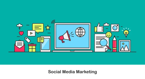 Conceito de marketing de mídia social, incluindo mídias sociais e ícones de marketing isolados em fundo verde — Vetor de Stock