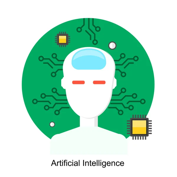 緑の背景に分離されたフラットなデザイン人工知能ベクトル図、回路基板上のロボットの顔 — ストックベクタ