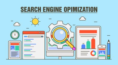 Arama Motoru Optimizasyonu kavramı - Web sitesini Seo veri analizi, yükleme hızı dahil olmak üzere. ve arama sonuç simgesi