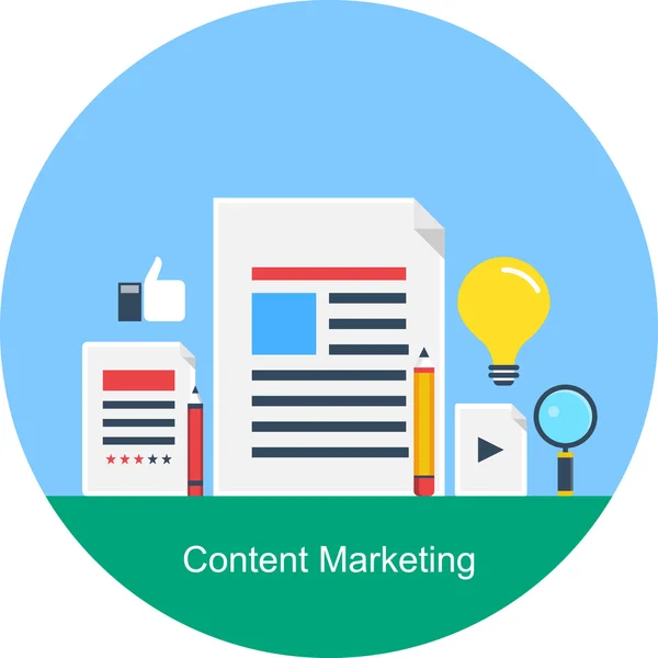 Platte ontwerpstijl van content marketing campagne, Concept van contentontwikkeling, schrijven, en content marketing ideeën — Stockvector