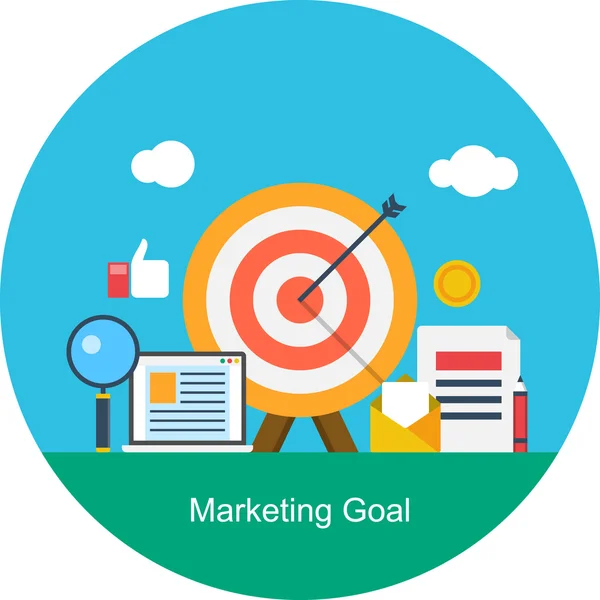 Flat design concept of marketing goal including social media, search, content icon - achieving marketing goal through various marketing strategies — Stock Vector