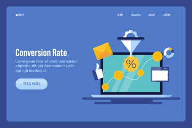 Dönüştürme oranı ve satış hunisi, dijital pazarlama başarısı. Düz tasarım vektör illüstrasyonu ve iniş sayfası şablonu.