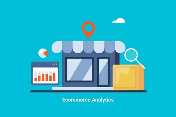 Online Winkelen Webwinkel Commerce Marketing Analytics Software Oplossing Concept Platte — Stockvector