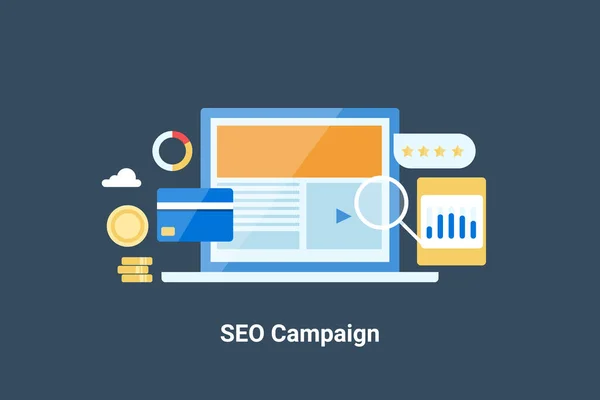 Seo Kampaň Plochý Design Vektorový Web Banner Digitální Marketingový Úspěch — Stockový vektor