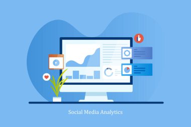 Sosyal medya izleme uygulaması, pazarlama veri analizlerini bilgisayar ekranında gösteriyor. Sosyal medya pazarlama analitiklerinin düz tasarım vektör pankartı.