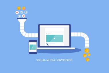 Using social media as marketing funnel, generated leads and increase conversion rate, digital marketing concept. Flat design sales funnel and social media marketing web banner, vector illustration. clipart