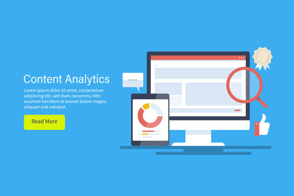 Content research, data analytics and seo marketing kpi monitoring concept. Шаблон страницы с плоским дизайном.