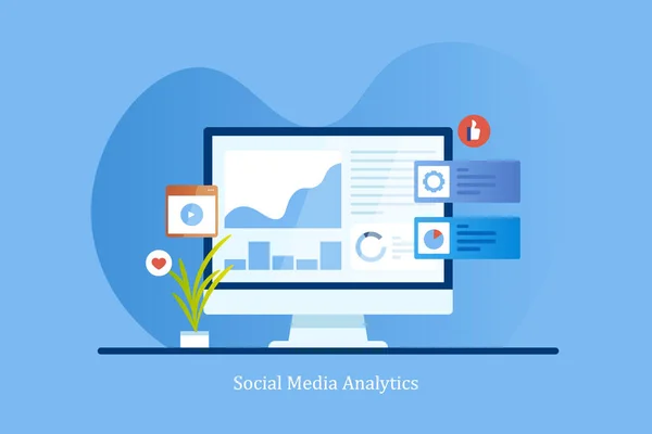 ソーシャルメディア監視アプリケーション コンピュータ画面にマーケティングデータ分析を表示します ソーシャルメディアマーケティング分析のフラットデザインベクトルバナー — ストックベクタ
