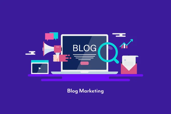 メール ブログの投稿 ウェブサイトの通信と情報技術のための創造的なブログ 会社のブログ記事 コンテンツの書き込みとマーケティング戦略のフラットデザイン現代的な概念 — ストックベクタ