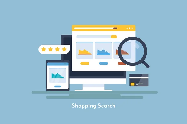 Seo電子商取引の概念 コンピュータやスマートフォンの画面に表示される電子商取引製品 オンラインショッピング製品の検索 インターネットマーケティングビジネス戦略 — ストックベクタ