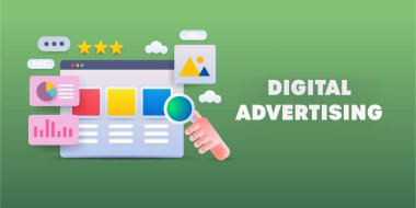 3d illüstrasyon - Dijital reklam kampanyasının iş analizi paneli, Arama motoru pazarlama web reklam verileri izleme, İnternet teknolojisi kavramı.