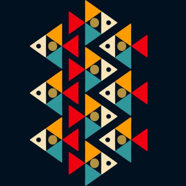 Zarif balık motifleri, yaratıcılık ve doğa ile vurgulanmış Amerikan etnik kabile geometrik deseni. Sarı, kırmızı ve mavi renkler belirgin bir şekilde etnik arka plan, G klasiği ise etnik. Tekstil endüstrisi için ideal., 