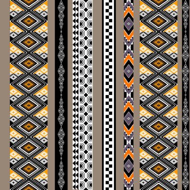 Canlı sarı ve turuncu tonlarda Afrika etnik kabilesinden esinlenilmiş geometrik desen. Koyu siyah bir arka planı olan güzel bir etnik tasarım. Etnik ve göze çarpan bir etki. Görsel bir etki katıyor. Tekstil endüstrisi için mükemmel.,