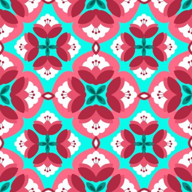 Fas etnik kabile çiçek desenleri ahenkli pembe, yeşil ve sarı tonlarda. Popüler Fas çiçeklerinden esinlenen etnik grup, etnik ama zamansız bir renk tekniği kullanıyor. Tekstil endüstrisi için tasarlandı.,