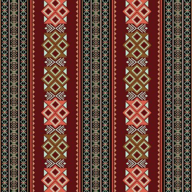 Amerikan kumaşı etnik kabile dokusu deseninde, maksimum etnik ve görsel etki için koyu siyah bir zemin oluşturan, keskin geometrik tarzda zengin kırmızı renkler bulunur. Tasarım geleneksel kabile motifleri sunuyor, onu tekstil için ideal kılıyor.