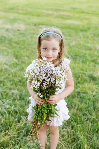 Retrato bonito menina com flores no prado — Fotografia de Stock