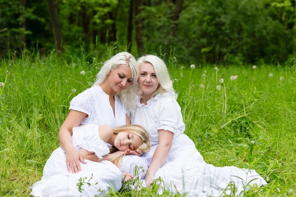 Glückliche Familie, die sich im Sommer in der Natur ausruht — Stockfoto