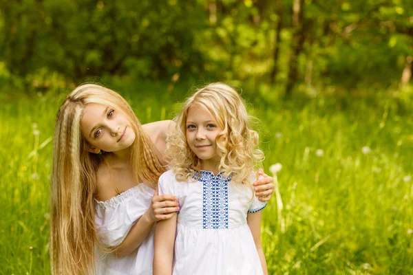 Twee jonge meisjes ontspannen op aard in de zomer — Stockfoto