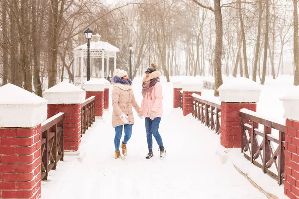 Дві дівчини гуляють в зимовому парку на снігу . — стокове фото