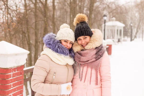 Dos chicas están caminando en un parque de invierno en la nieve. — Foto de Stock