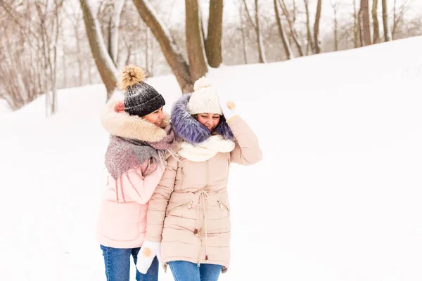 Дві дівчини грають у сніжки взимку в лісі . — стокове фото
